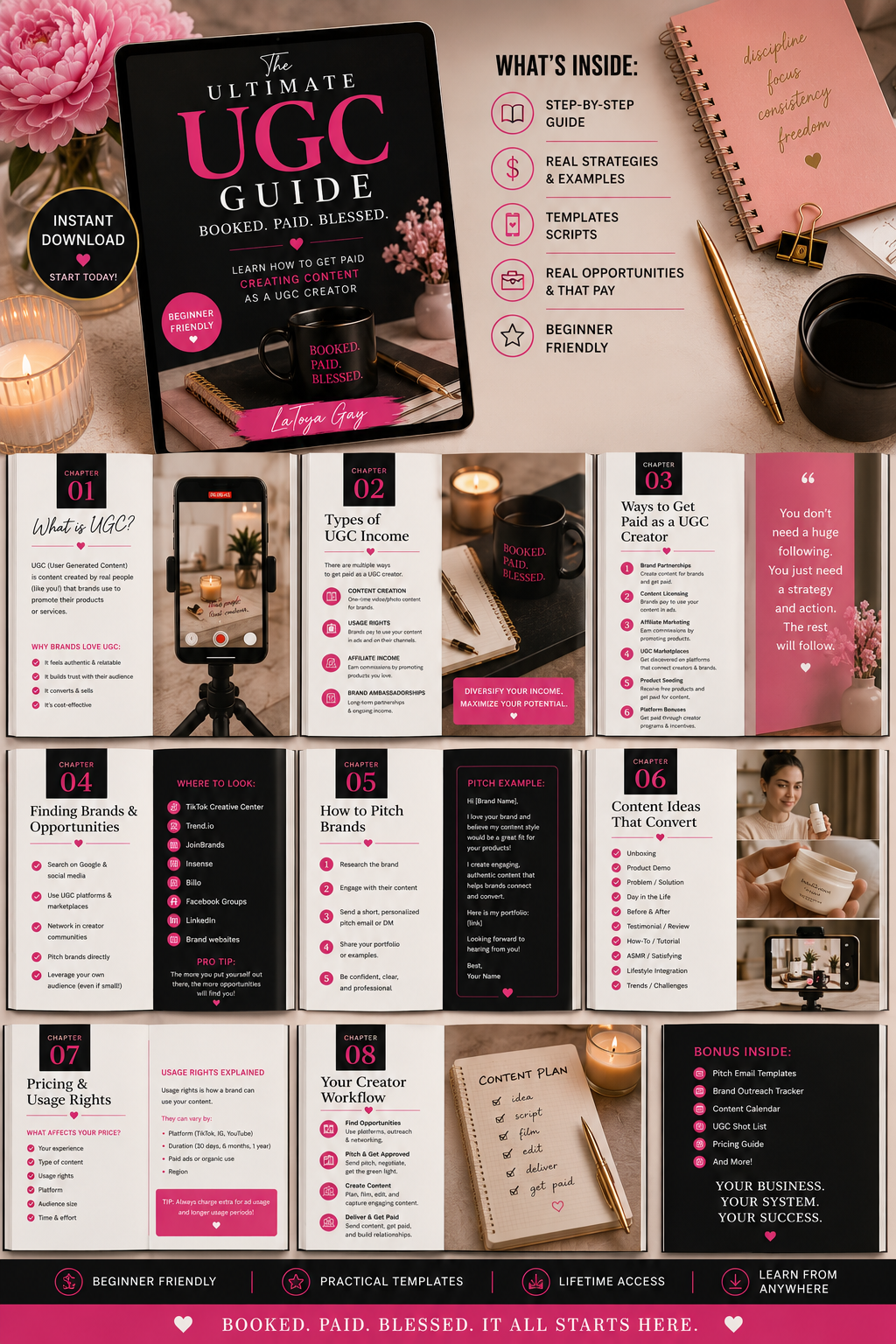 The Ultimate UGC Guide ebook on iPhone surrounded by pink flowers and cash